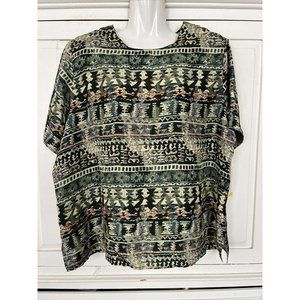 Stunt Collection 1X Silk Blouse Vintage Short Sleeve Geometric Print Top NEW